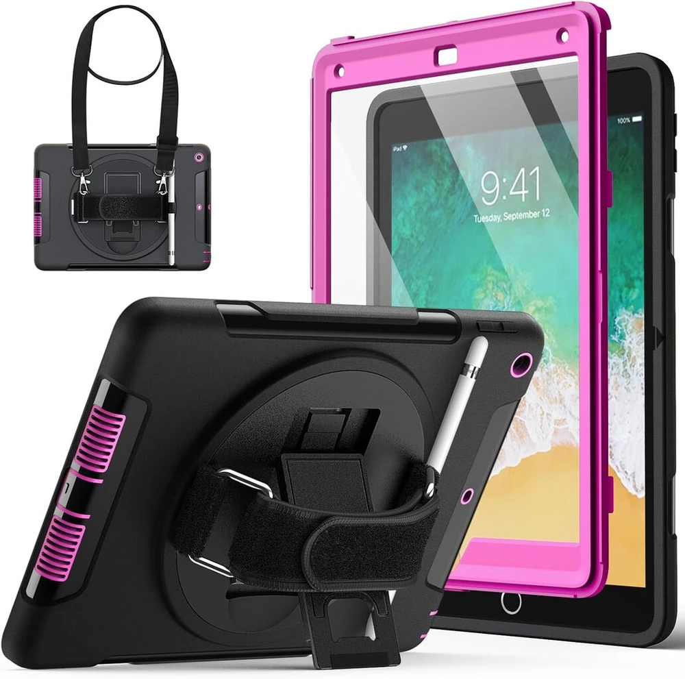 Jetech dėklas, skirtas ipad 9.7 colių (6-osios/5-osios kartos, 2018/2017) su įmontuota apsaugine plėvele, smūgiams atsparus tvirtas planšetinio kompiuterio dėklas, 360 laipsnių besisukantis dirželis (plum)