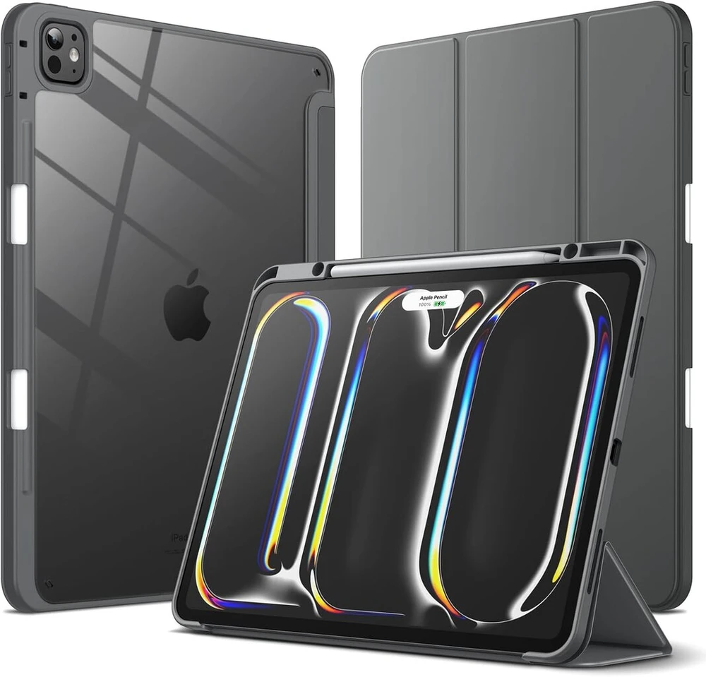 Jetech dėklas, skirtas ipad pro 13 colių m4 (2024) su rašiklio laikikliu, skaidrus permatomas galinis dangtelis, plonas stovas, atsparus smūgiams planšetinio kompiuterio dėklas, automatinis pažadinimas/užmigdymas (space pilkas)