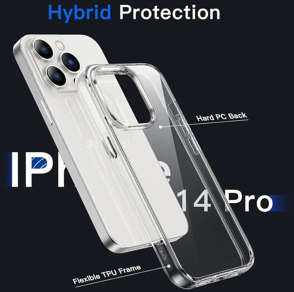 Jetech dėklas, skirtas iphone 14 pro 6.1 colio, niekada negelstantis telefono dėklas, atsparus smūgiams, apsauginis dėklas, atsparus įbrėžimams, skaidrus galinis dangtelis (skaidrus)