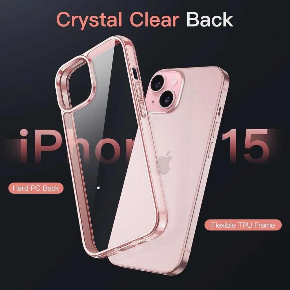Jetech dėklas, skirtas iphone 15 6.1 colio, niekada negeltonuojantis telefono dėklas, atsparus smūgiams, apsauginis dėklas, atsparus įbrėžimams, skaidrus galinis dangtelis (rožinis)