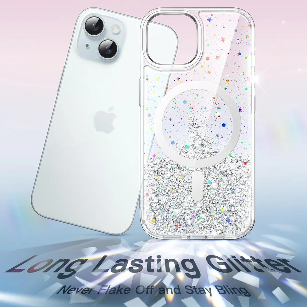 Jetech Glitter dėklas, skirtas iphone 15 6.1 colio, suderinamas su magsafe, skaidrus mielas blizgučiai moterims ir mergaitėms, blizgus smūgiams atsparus magnetinis telefono dėklas (skaidrus)