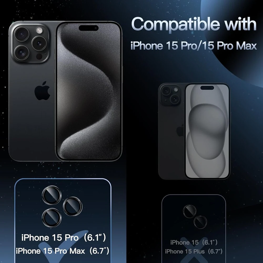 Jetech kameros apsauga, skirta iphone 15 pro 6.1 colio ir iphone 15 pro max 6.7 colio, 9h grūdinto stiklo plėvelė, individualus metalinis žiedas, hd clear, 1 komplektas (space juodas)