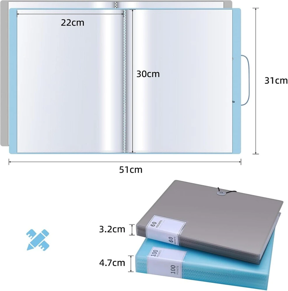 Jianta A4 formato segtuvas su 100 įmautėmis + segtuvas su 60 įmautėmis ir skaidriomis kišenėmis A4 formatui, tvirtas reprezentacinis segtuvas, storas reprezentacinis segtuvas, 2 vnt., mėlynas 100 + pilkas 60 įmaučių