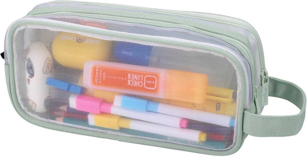 Jianta didelis permatomas penalas su užtrauktuku ir tinkleliu 22,5 x 7,5 x 9,5 cm, madingas raštinės reikmenims, biurui, mokyklai, kolegijai, žalias, žalias