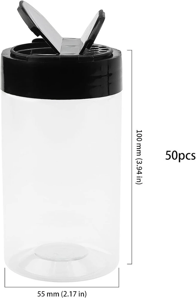 Jiehin 50 vnt. 100 ml plastikinių prieskonių indelių su dangteliais, maži prieskonių indeliai, prieskonių purtyklės, tuščias plastikinis prieskonių indelis su purtyklės dangteliu, skaidri prieskonių laikymo talpa namams, virtuvei