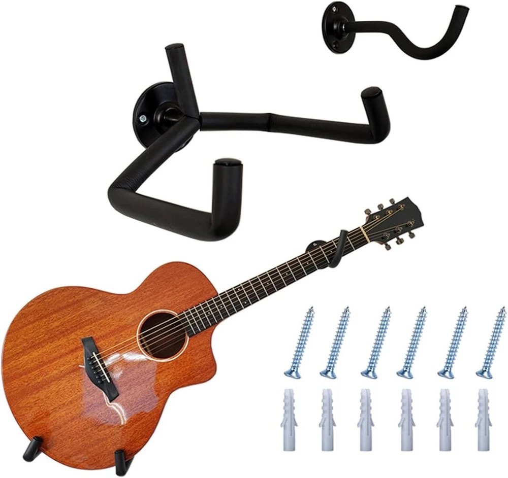 Jilskl gitaros pakabos kabliukas, gitaros laikiklis sienai pasviręs, gitaros stovo sieninis laikiklis, su tvirtinimo varžtais, tinkamas akustinei gitarai, klasikinei gitarai, elektrinei gitarai, elektriniam bosui