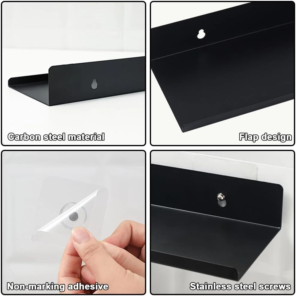 Jinsion lipni maža sieninė lentyna, juodas metalas, 10 x 20 x 4 cm, 2 vnt., plaukiojanti mini lentyna vonios kambariui, lentyna be gręžimo, sieninė lentyna vonios kambariui, plaukiojanti lentyna, sieninė lentyna, siaura pakabinama lentyna