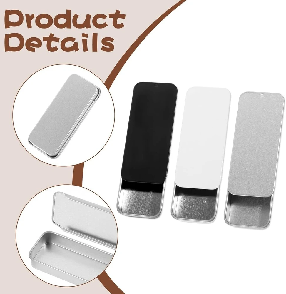 Jiyin 3 mažos metalinės dėžutės su slankiojančiu dangteliu, 8 x 3,4 x 1,2 cm, mažas metalinės dėžutės konteineris, stačiakampė dėžutė saldainiams, papuošalams, rankdarbiams, tabletėms, išgyvenimo rinkiniui