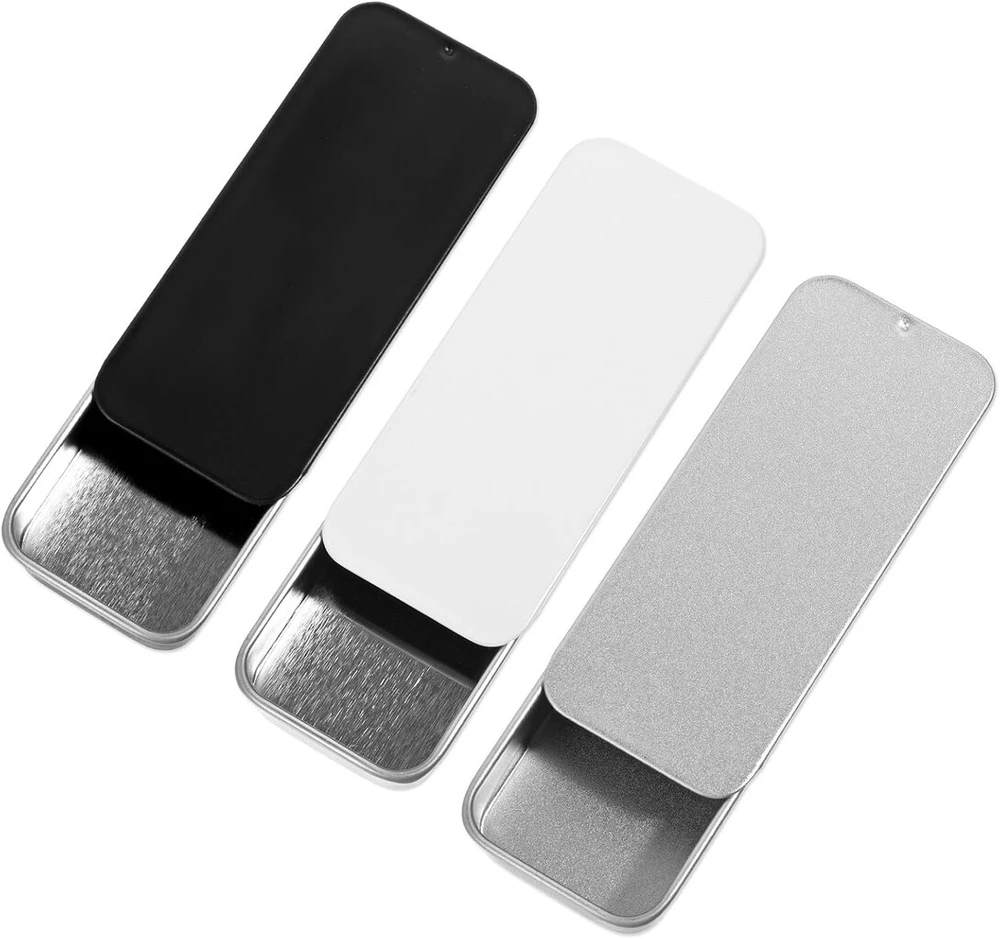 Jiyin 3 mažos metalinės dėžutės su slankiojančiu dangteliu, 8 x 3,4 x 1,2 cm, mažas metalinės dėžutės konteineris, stačiakampė dėžutė saldainiams, papuošalams, rankdarbiams, tabletėms, išgyvenimo rinkiniui