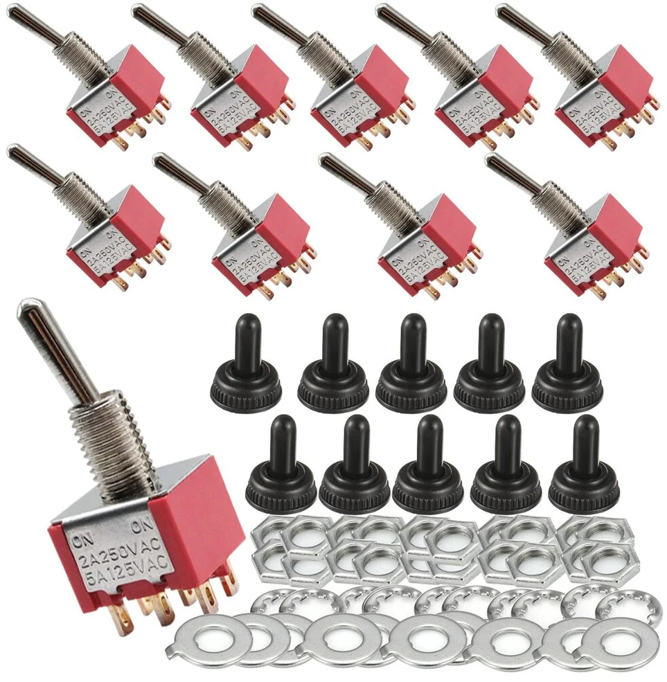 Jmelehw 10 x miniatiūrinis sukamasis jungiklis Dpdt 6 kontaktų 2 padėčių Ac 125v 5a su raudonu dangteliu