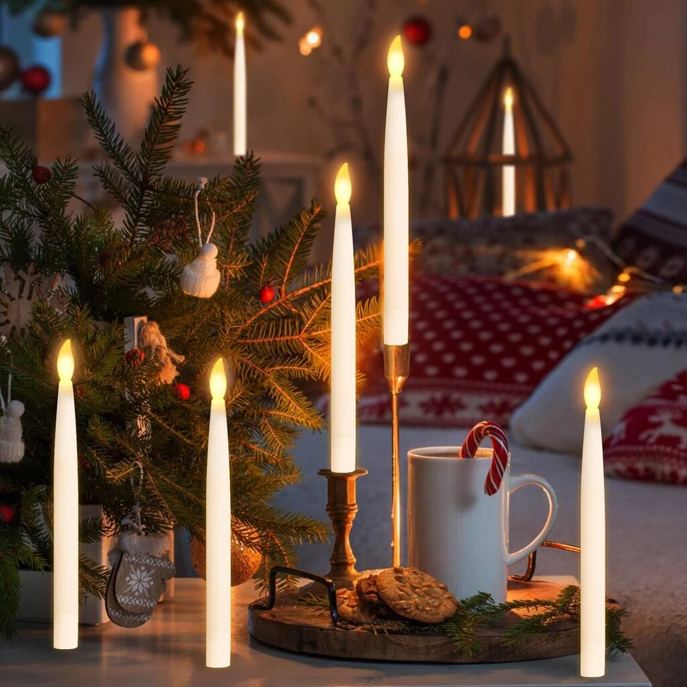 Joellfuner plaukiojančios žvakės su lazdele ir 6 val. laikmačio funkcija, 20,5 cm skraidančios žvakės Led plaukiojančios smailėjančios žvakės su nuotolinio valdymo pulteliu, mirganti liepsna vakarėliui Helovino dekoracijai (baltos – 12 vnt.)