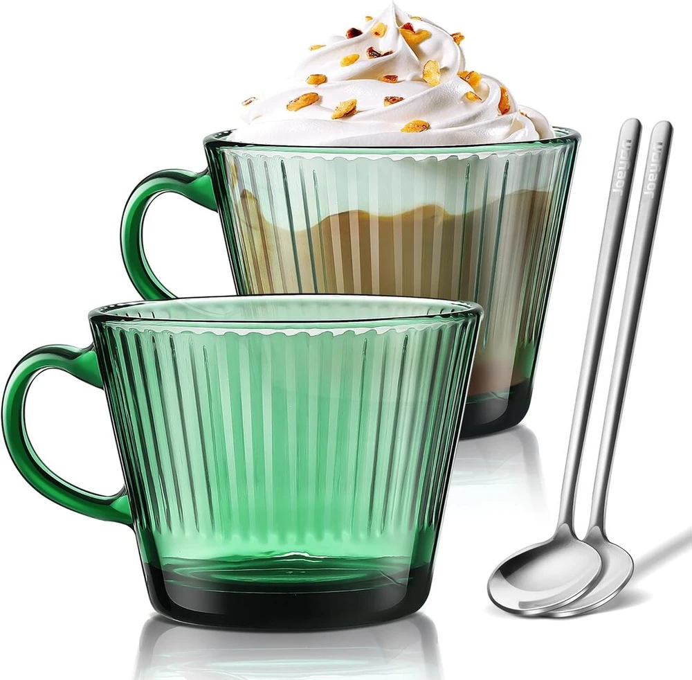 Joeyan 450 ml dideli kavos puodeliai, 2 vnt. rinkinys, vertikalūs dryžuoti žalios spalvos stiklai su šaukšteliu, espresso puodeliai, storasieniai, cappuccino puodeliai, briaunoti geriamieji stiklai latte, arbatai, gėrimams, galima plauti indaplovėje