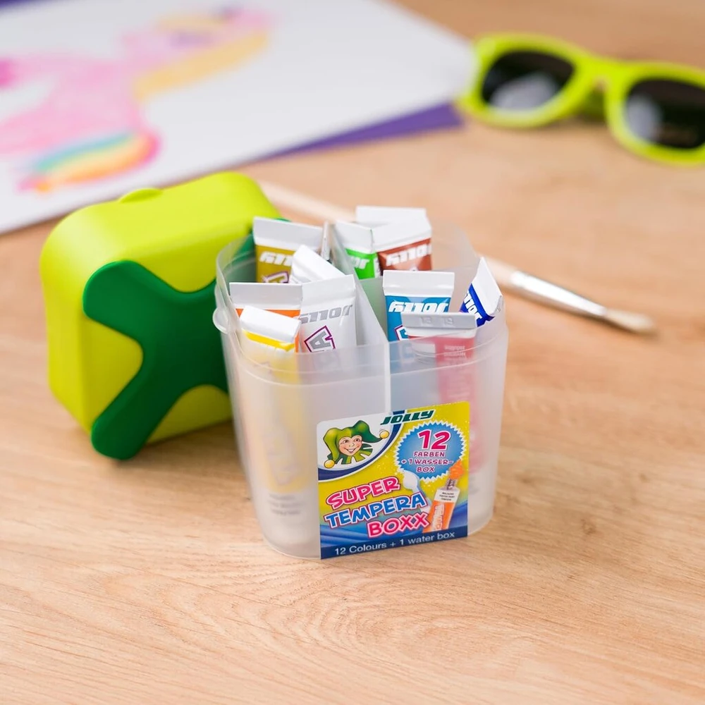 Jolly Super Tempera Boxx, Aquaboxx su 12 x 7,5 ml Super Tempera spalvų, mokykliniai dažai, vandens dėžutė su 4 skyreliais, guašo rinkinys, nepralaidus dizainas