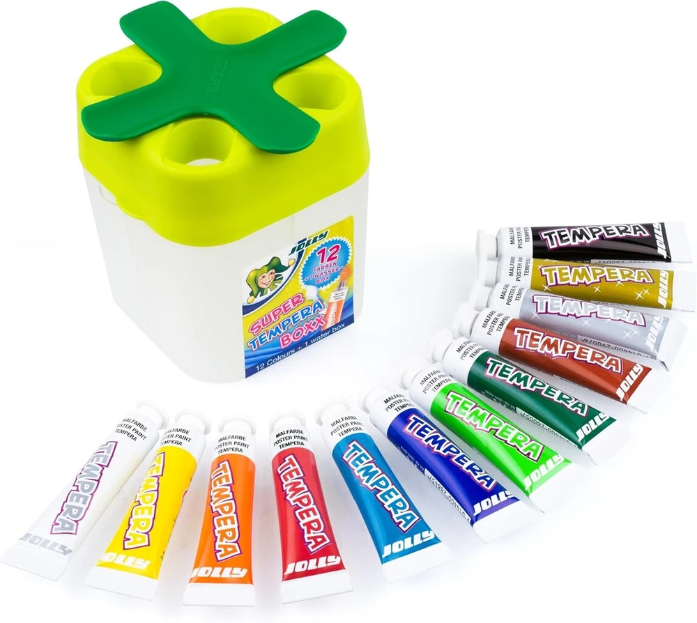 Jolly Super Tempera Boxx, Aquaboxx su 12 x 7,5 ml Super Tempera spalvų, mokykliniai dažai, vandens dėžutė su 4 skyreliais, guašo rinkinys, nepralaidus dizainas