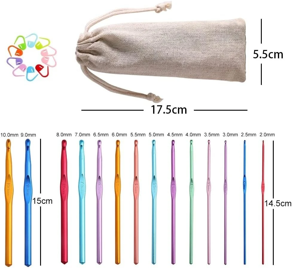 Jozea Nėrimo Kabliukų Rinkinys: 14 Vnt. Aliuminio, 2-10 mm, su Žymekliais ir Dėklu