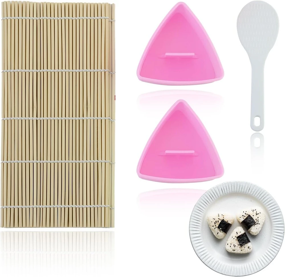 Jrshirleyltd 2 trikampių onigiri formelių rinkinys, ryžių onigiri su 1 ryžių šaukštu, rožiniai suši įrankiai, plastikinis suši formelių onigiri gaminimo rinkinys "pasidaryk pats", puikus suši gaminimo rinkinys