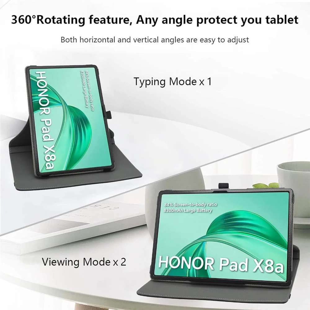 Jrtal dėklas, suderinamas su Honor Pad X8a, 360° besisukantis dėklas iš dirbtinės odos, skirtas Honor Pad X8a 11 colių planšetiniam kompiuteriui (netinka kitiems modeliams) - juodas