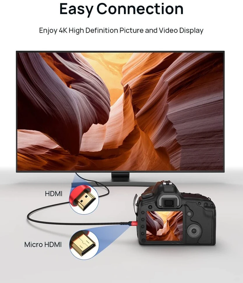 Jsaux 4k micro hdmi į hdmi kabelis 3m, micro hdmi į standartinį hdmi kabelį pintas palaiko 4k 60hz hdr 3d arc 18gbps suderinamas su sony a6000 a6300 kamera ir daugiau (raudonas)