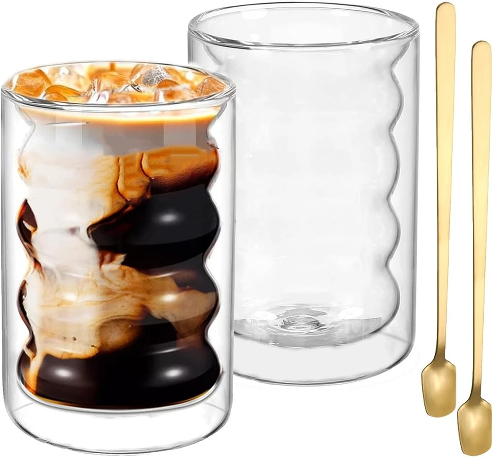 Juaeyidds dvigubų sienelių stiklinių rinkinys, 2 vnt., latte macchiato stiklinės, 350 ml talpos kapučino puodeliai, dvigubų sienelių kavos stiklinės, arbatos stiklinės iš borosilikatinio stiklo su 2 šaukšteliais kapučino, latte, arbatai, ledui