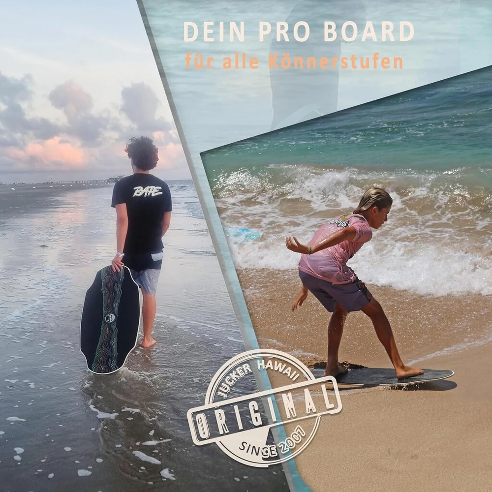 Jucker Hawaii Skimboard – profesionalus skimboardas su Hpl danga, neslystančiu paviršiumi, itin greitas, ypač tvirtas ir patvarus, atlaiko iki 115 kg – nuo pradedančiųjų iki profesionalų