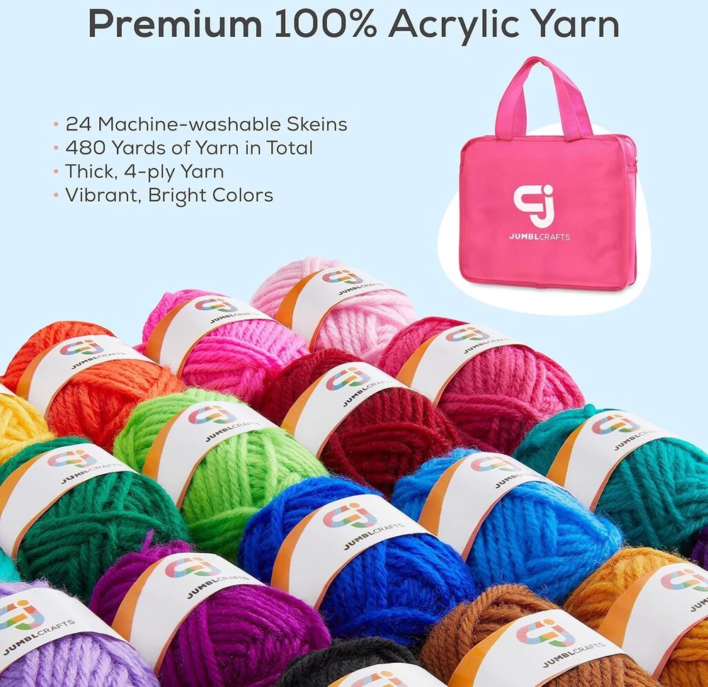 Jumblcrafts nėrimo rinkinys pradedantiesiems: aukščiausios kokybės rinkinį sudaro 24 akrilo siūlų kamuoliukai, 9 nėrimo vąšeliai, 6 audimo adatos ir dar daugiau – nėrimo rinkinys pradedantiesiems ir ekspertams