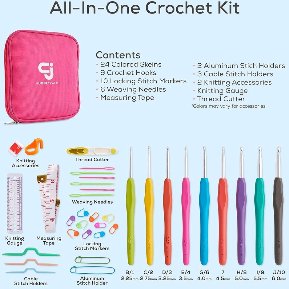 Jumblcrafts nėrimo rinkinys pradedantiesiems: aukščiausios kokybės rinkinį sudaro 24 akrilo siūlų kamuoliukai, 9 nėrimo vąšeliai, 6 audimo adatos ir dar daugiau – nėrimo rinkinys pradedantiesiems ir ekspertams