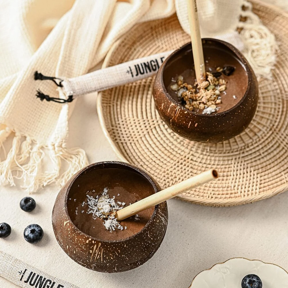 Jungle Culture® tikri kokoso puodeliai kokteiliams ir kokteiliams • maži kokoso dubenėliai ir bambukiniai šiaudeliai • natūralūs mediniai puodeliai, nulinės atliekų taurės, gėrimo taurė vakarėliui, tvarūs dovanos