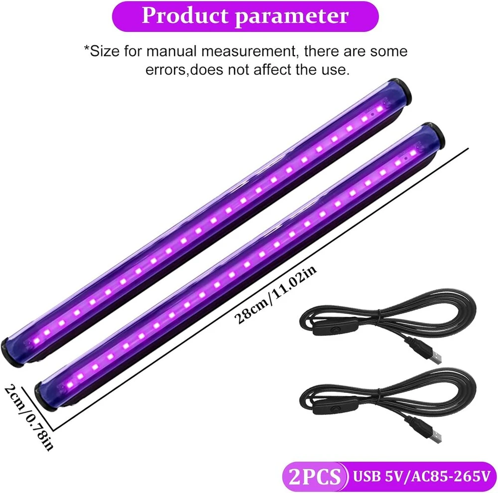 Juoda šviesa Uv 5 W, 2 vnt. Usb juodos šviesos lempų rinkinys, nešiojama juoda šviesa Led, 48 Led juodos šviesos juosta, juodos šviesos Led juosta diskotekai, Helovino dekoracija, vakarėlio reikmenys, scenos apšvietimas
