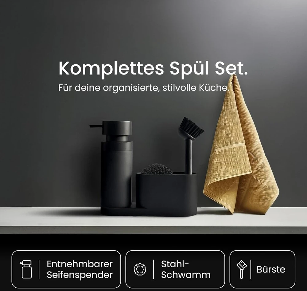 Juodas Sweden Home dizainerio kriauklės organizatorius su nuimamu ploviklio dozatoriumi, indų plovimo šepečiu ir kempine, virtuvės organizatorius, kriauklės organizatorius pagamintas iš dirbtinio akmens, kriauklės rinkinys, muilo dozatorius