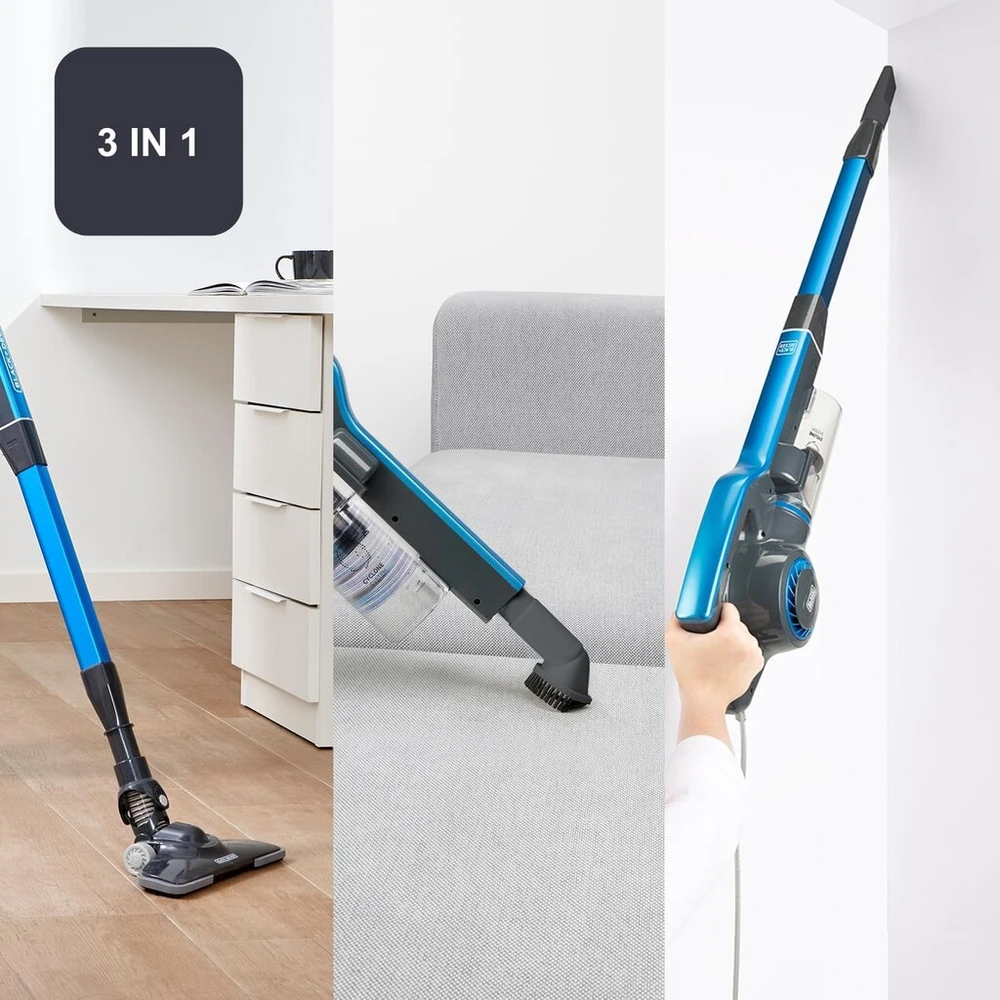 Juodas+decker 3-in-1 rankinis dulkių siurblys Bxvms600e 600w rankinis ir rankinis dulkių siurblys 6 m laido ilgis, be maišelio, cikloninis dulkių siurblys, epa filtras, mėlynas