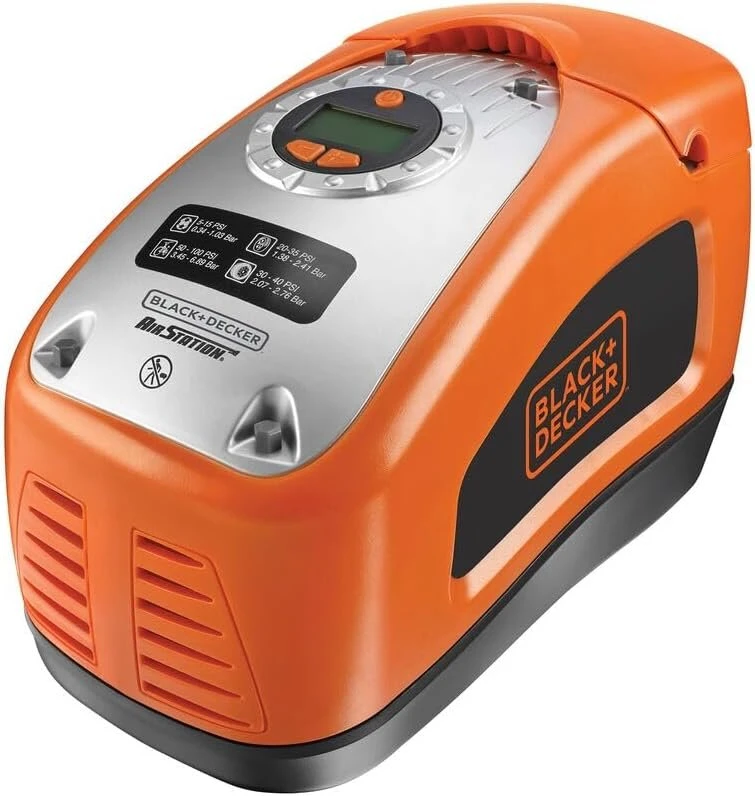Juodas+decker Kompresorius Asi300 11 barų/160 Psi oro siurblys, skaitmeninis slėgio reguliavimas, kabelių skyriai, apšviesta skalė, 3 vožtuvų priedai, reguliavimo žiedas barų skaičiui, automatinis išjungimas
