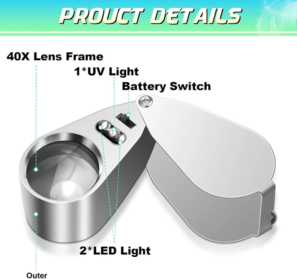 Juoifip Juvelyro didinamasis stiklas su šviesa, 40 x kišeninis metalinis sulankstomas didinamasis stiklas su Led/uv šviesa smulkiems darbams, juvelyrikai, monetoms, akmenims, pašto ženklams