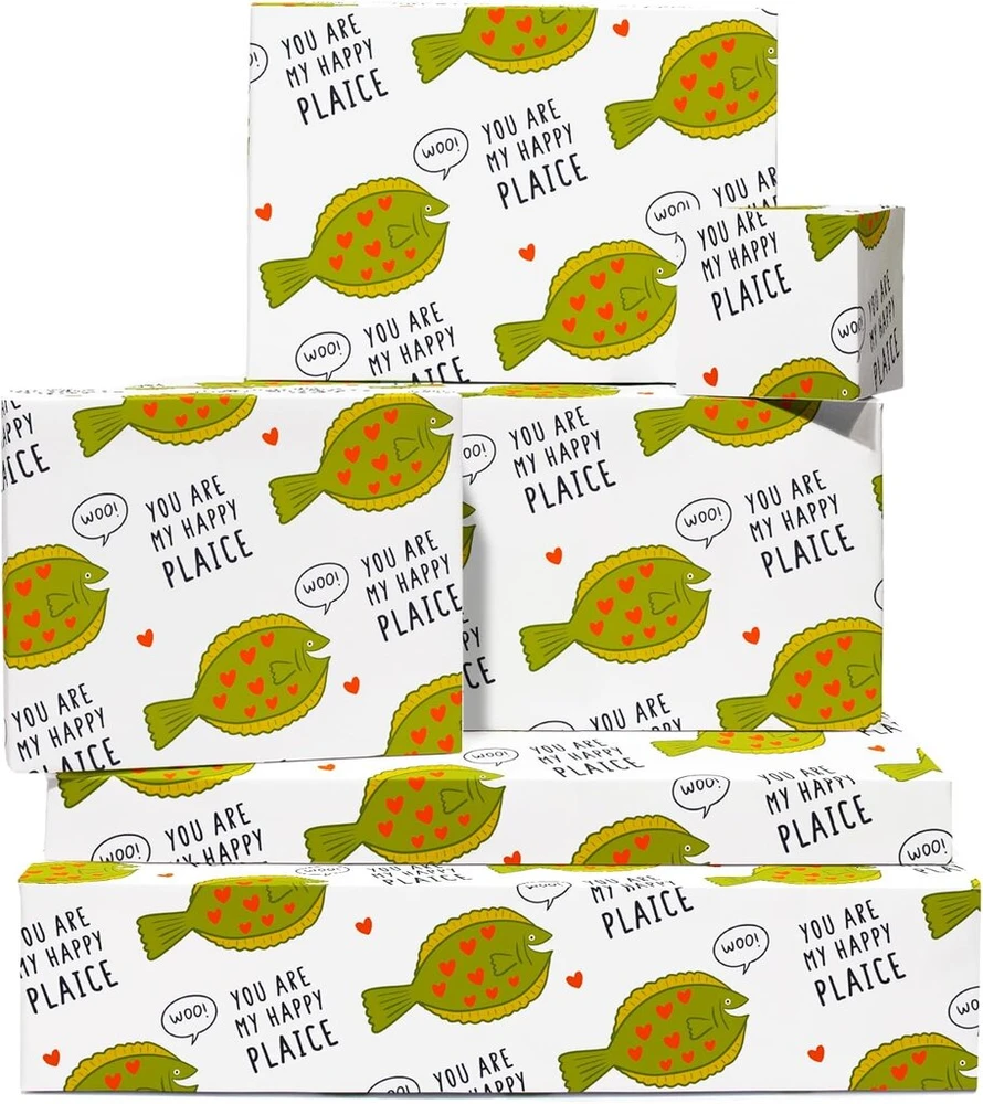 Juokingas jubiliejinis dovanų pakavimo popierius - 6 lapai gimtadienio pakavimo popierius vyrams ir moterims - My Happy Plaice - žuvų žodžių žaidimas - Valentino diena - su lipdukais - Central 23