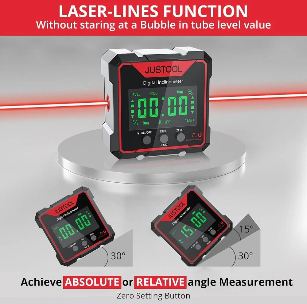 Justool skaitmeninis lcd transportuotojas inklinometras lazerinis kampo matavimo prietaisas gulsčiukas ip54 atsparus vandeniui lygio dėžutė 4 pusių magnetinė niveliavimo dėžutė kampų matuoklis su type-c įkrovimo laidu