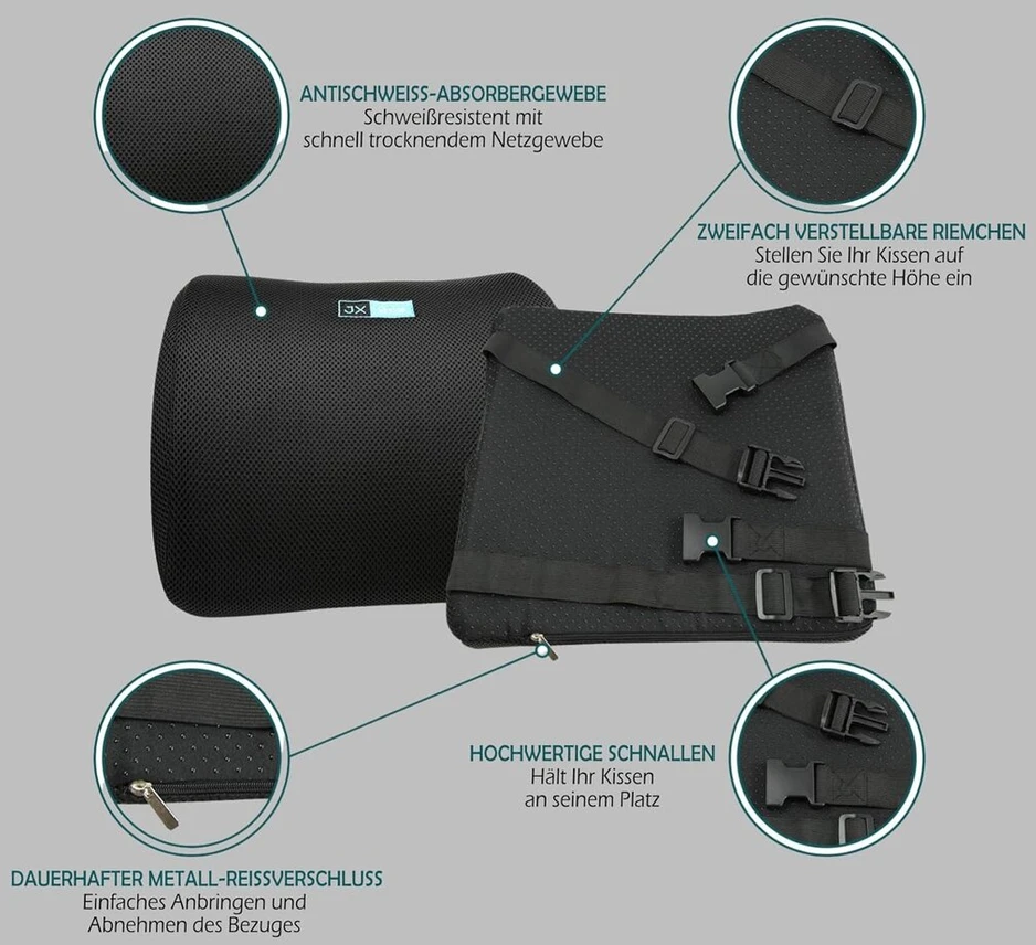 Jx Office® nugaros pagalvėlė - ergonomiška atminties putų juosmens pagalvėlė / juosmens atrama sveikai sėdėjimo laikysenai | automobiliui, biurui ir namams | apsaugo nuo nugaros skausmo | kelioninis prietaisas