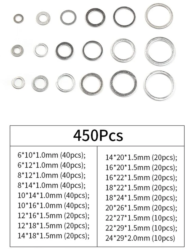 Jzk 450 x aliuminio plokščios poveržlės, asortimentas, 10 dydžių: m6, m8, m10, m12, m14, m16, m18, m20, m22, m24