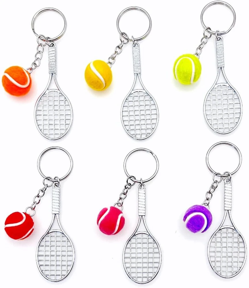Jzk 6 x mini metalinis teniso raketės raktų pakabukas su teniso kamuoliuku, wimbeldono teniso tema, dovana teniso gerbėjui, teniso vakarėlio dovanėlės, dekoracijos, sporto žaidimai