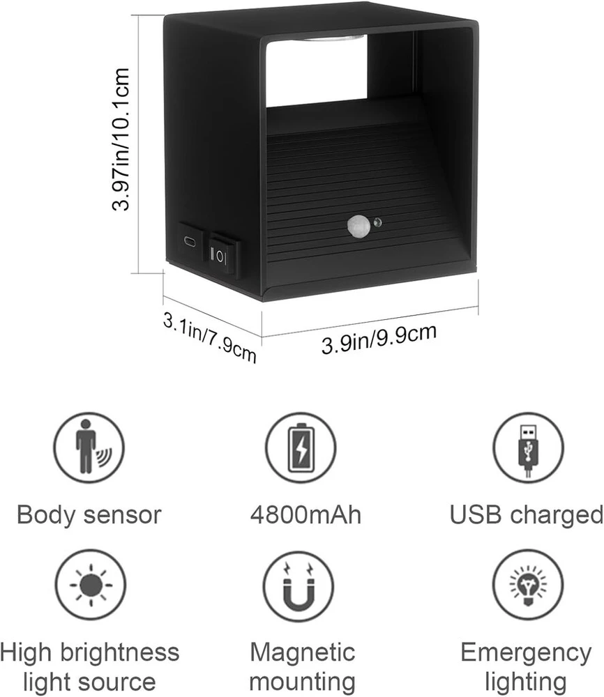 K-bright sieninis šviestuvas su judesio davikliu, Led, maitinamas baterijomis, su jungikliu, 5 W, įkraunamas Usb, magnetinis koridoriaus šviestuvas miegamajam, svetainei, laiptams (juodas)
