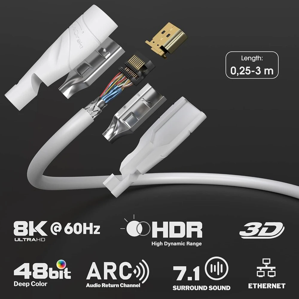Kabeldirekt 8k/4k hdmi kabelis - 2 m - 8k@60hz (ypač varinis greitam ultra hd, 4k@120hz/8k@60hz - suderinamas su hdmi 2.0, didelis greitis su ethernet, blu-ray/ps5/XBOX series x/switch baltas)