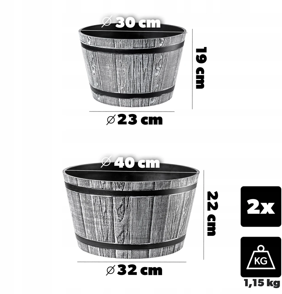Kadax gėlių vazonas, apvalus dubuo, 2 vnt. rinkinys 30+40 cm pilkas