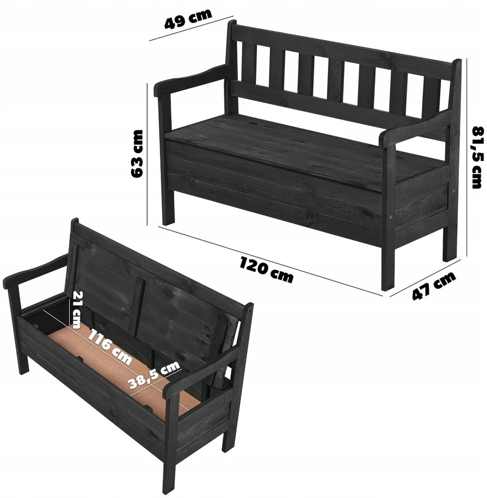 Kadax Medinė sodo suoliukas su atlošu ir dėže, 120cm, antracito