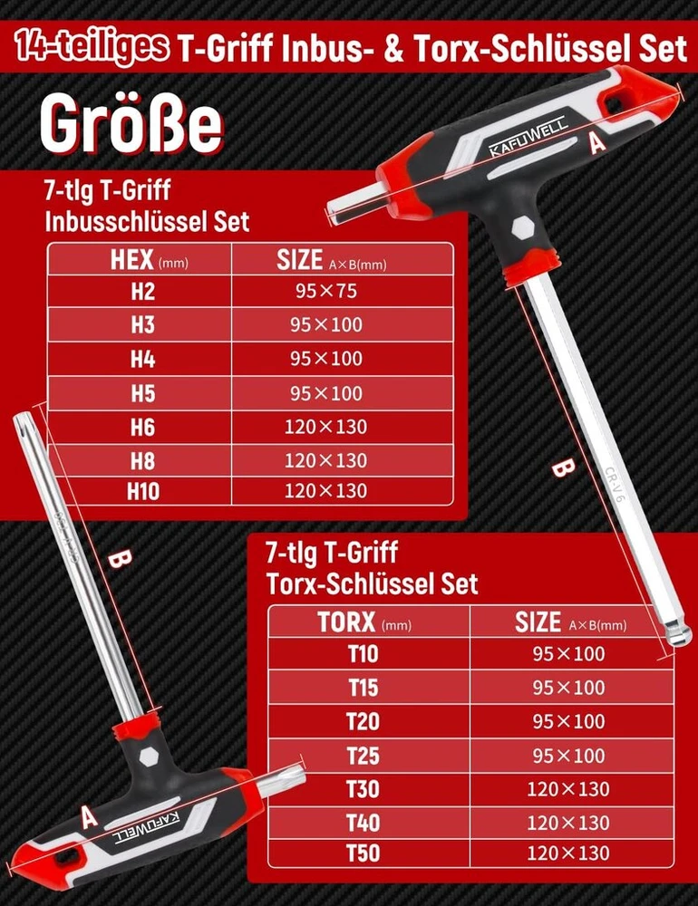 Kafuwell 14 vnt. Hex ir Torx raktų rinkinys su T rankena