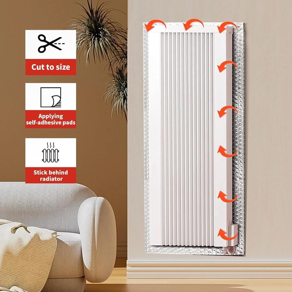 Kaheign Izoliacinė plėvelė, 5 m x 60 cm, oro pagalvė, izoliacinė plėvelė, 4 mm storio, radiatoriaus plėvelė, šilumą atspindinti burbulinė plėvelė, sumažina šilumos nuostolius su lipniais padeliais, izoliuota 3 radiatoriams