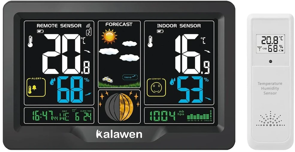 Kalawen belaidė meteorologijos stotis su lauko jutikliu, skaitmeninis spalvotas ekranas, belaidė meteorologijos stotis vidaus ir lauko naudojimui su orų prognoze, Dcf radijo laikrodis, maitinamas baterijomis ir iš elektros tinklo