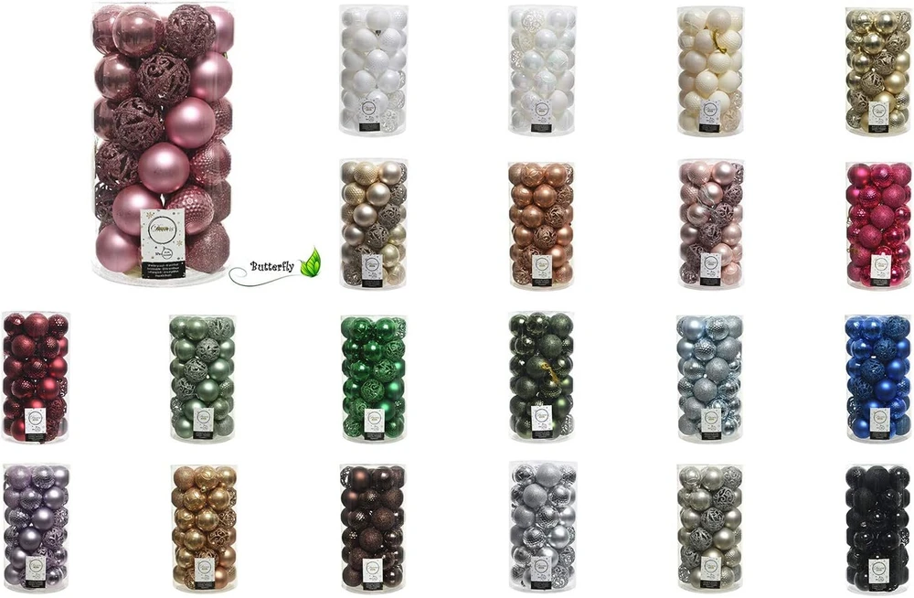 Kalėdinės dekoracijos, plastikiniai burbulai 6 cm x 37 vnt. rinkinys su ornamentais