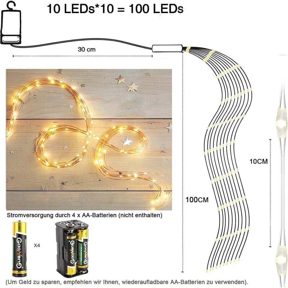 Kalėdinės girliandos 1m 100 Led su baterijomis, laikmačiu ir pulteliu