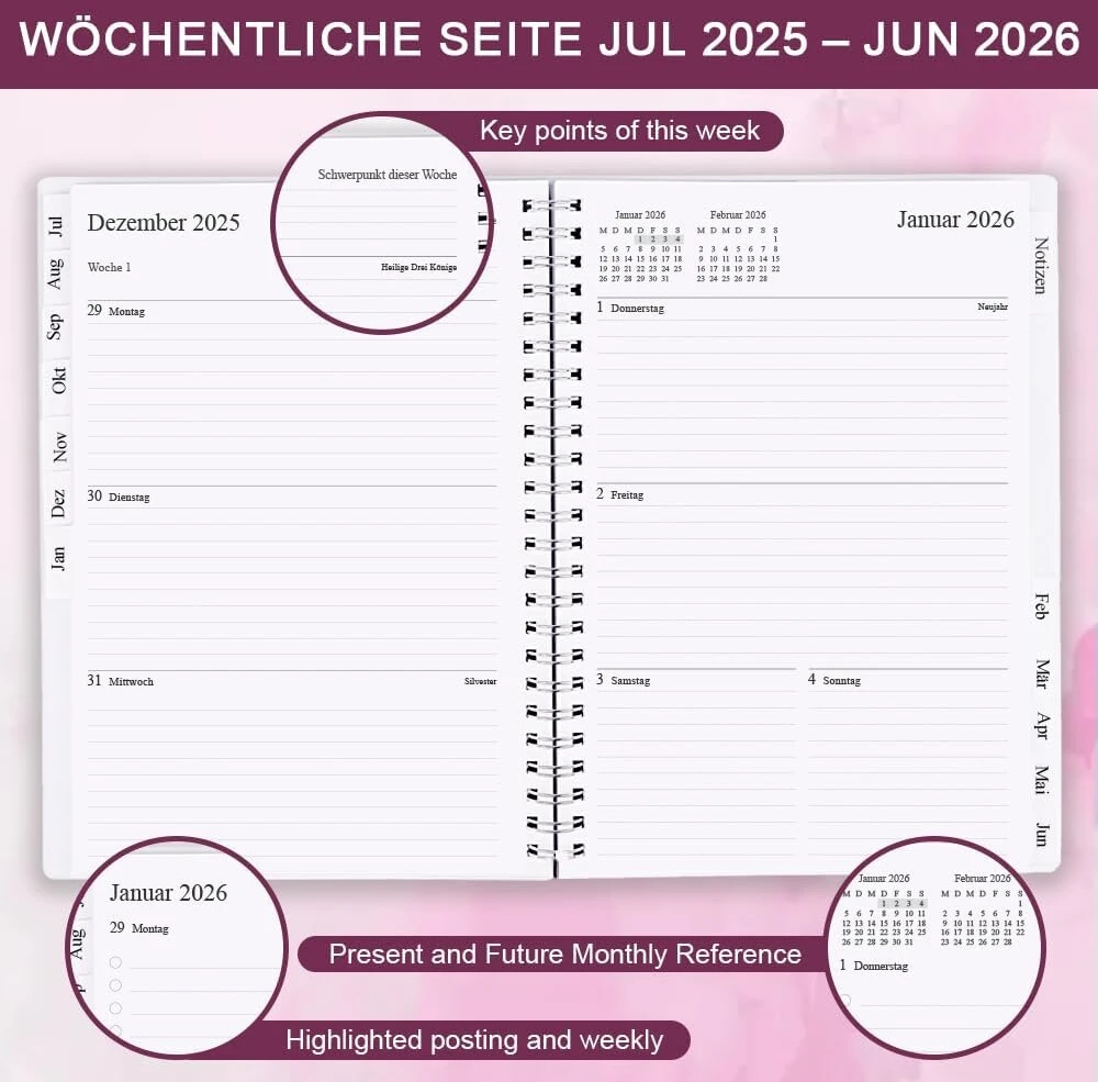 Kalendorius 2025-2026, A5 savaitinis planuotojas su mėnesio skirtukais, 2025 m. liepos – 2026 m. birželio mėn., dienoraštis 2025-2026 su elastine juostele, dviguba vieline spirale, lengva kasdienio gyvenimo organizacija, 14,8 x 21 cm, planuotojas 25-26