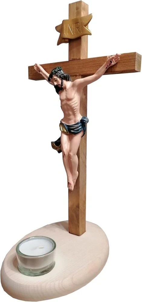 Kaltner Präsente dovanos idėja: 35 cm kryžius, medinis kryžius, nukryžiuotasis, pastatomas kryžius, pagamintas iš tikro buko ir klevo medžio su arbatos žvakute – rankomis dažyta Jėzaus Kristaus figūrėlė, pagaminta iš aukštos kokybės dervos