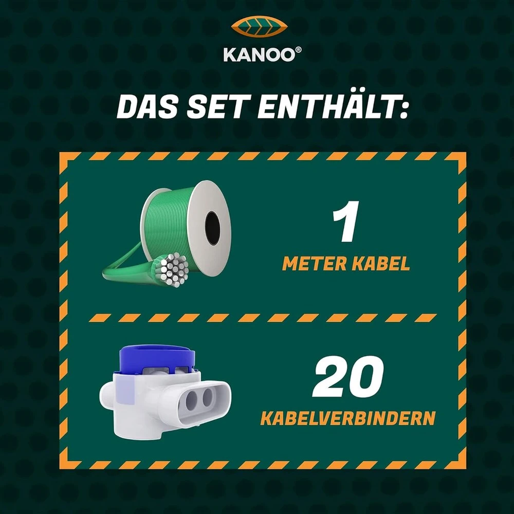 Kanoo® kabelio jungtis robotizuotai vejapjovei - 20 x jungiamųjų gnybtų + 1 m kabelis - praktiškas rinkinys, skirtas kloti ir taisyti ribojantį laidą visų įprastų prekės ženklų robotizuotoms vejapjovėms, žalias