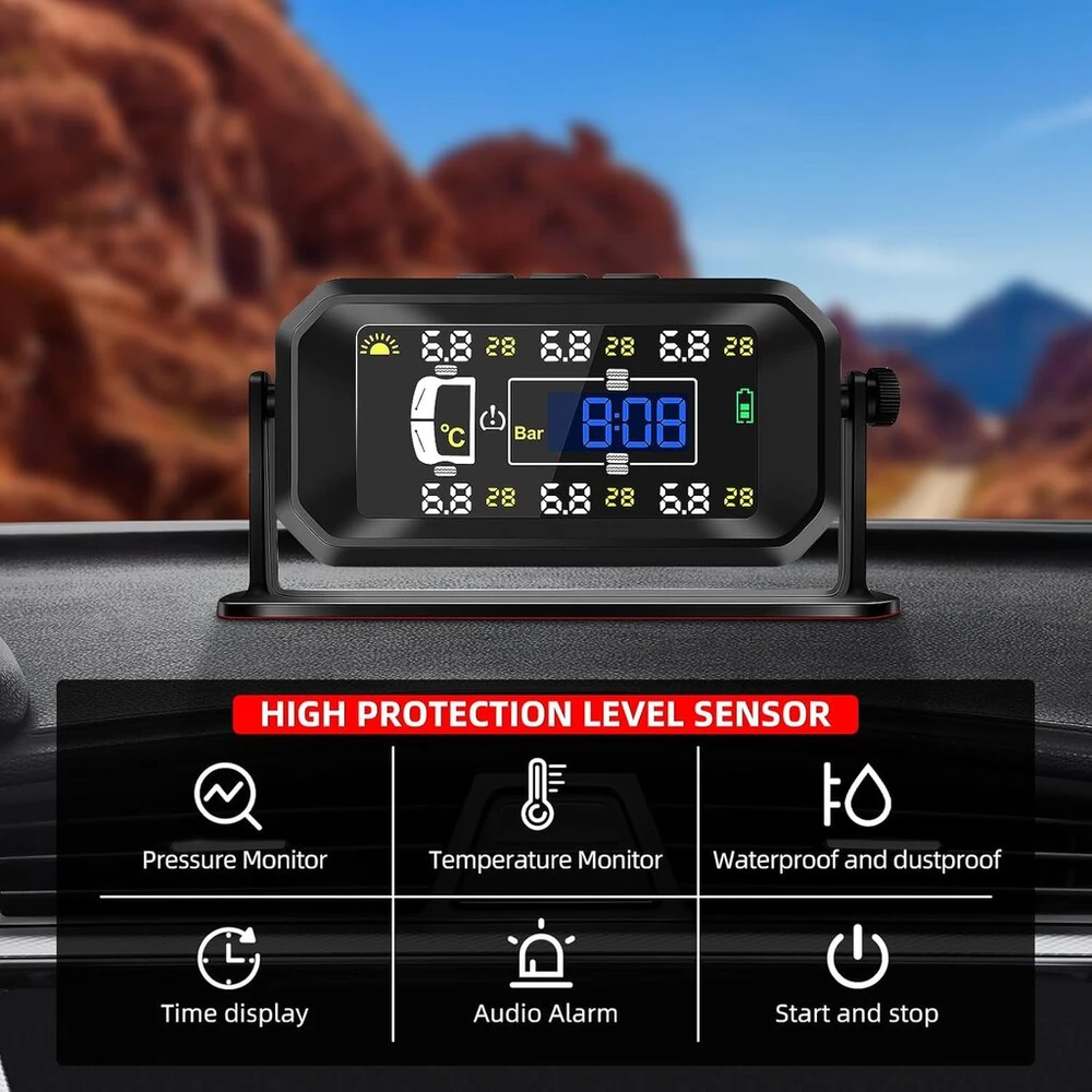 Kaolali tpms padangų slėgio stebėjimo sistema, saulės energija įkraunama padangų slėgio stebėjimo sistema, realaus laiko slėgio ir temperatūros stebėjimas, laiko rodymas, su 6 išoriniais padangų slėgio jutikliais
